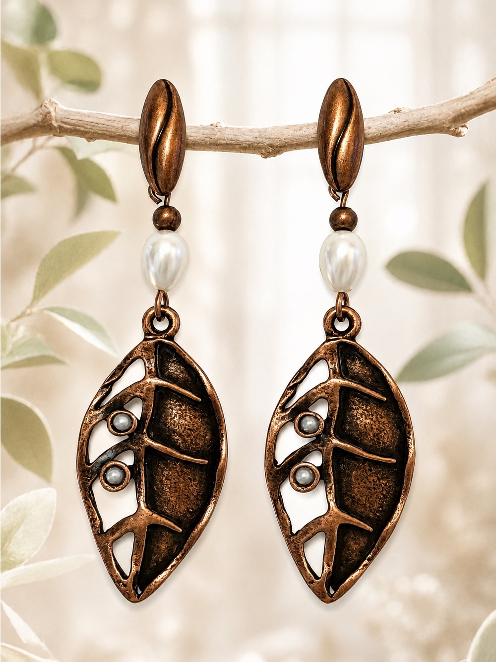 Freshwater Pearl Copper Leaf Post Earrings, Artisan Boho